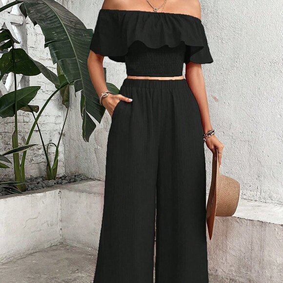 Black Boho Womens Off Shoulder Ruffle Trim Top & Wide Leg Pants - Picture 5 of 5